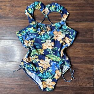 Kalawalk Hawaiian Blue Floral Ruffle One Piece Swimsuit